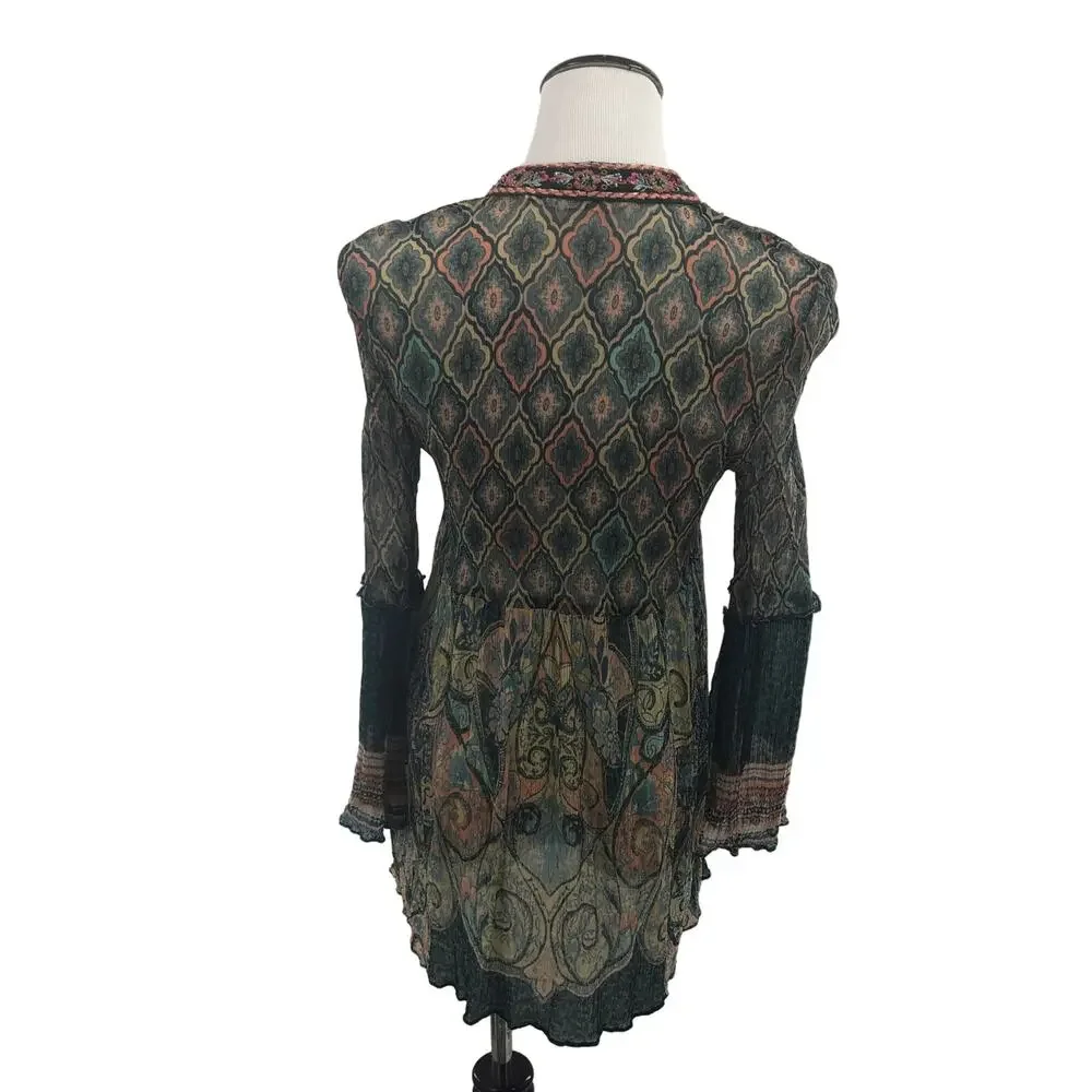 Soft Surroundings Shira Green Embroidered Tassel Neck Top